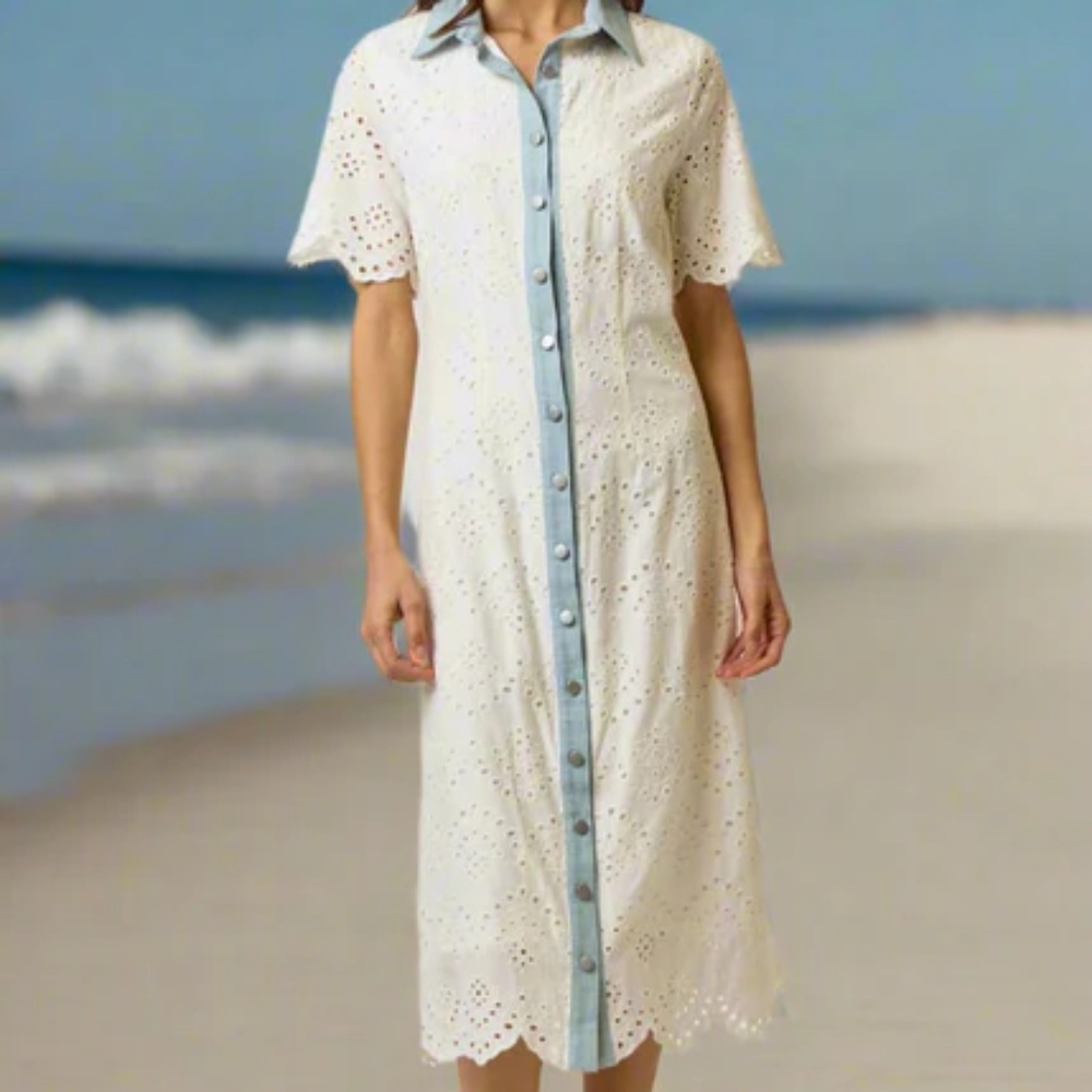 Last 1! NWT Cotton Eyelet Denim Trim Button Down Midi Dress